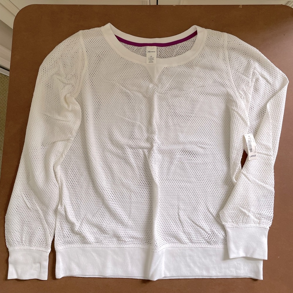 Xersion long sleeve open weave perforated sweater top size Large in white NWT